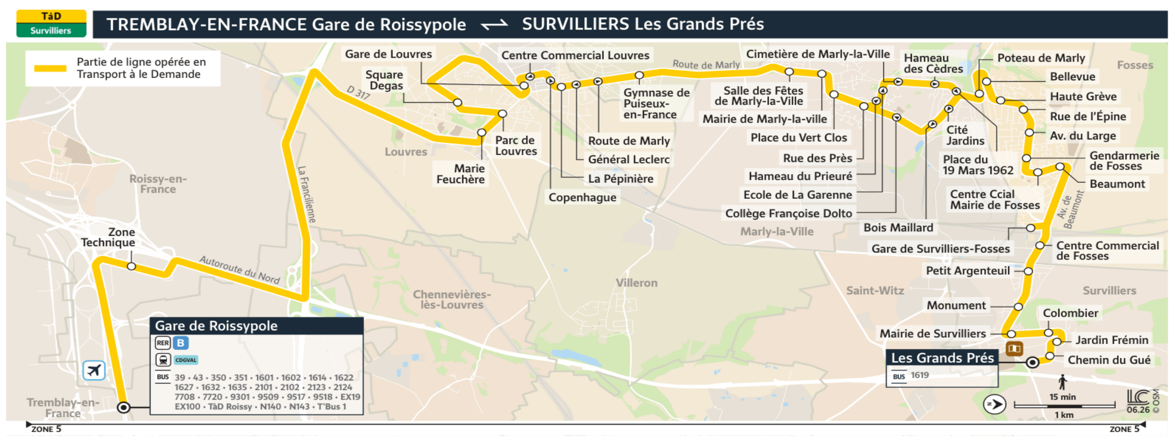 Plan du territoire de Survilliers desservi par le Service TàD Roissy.