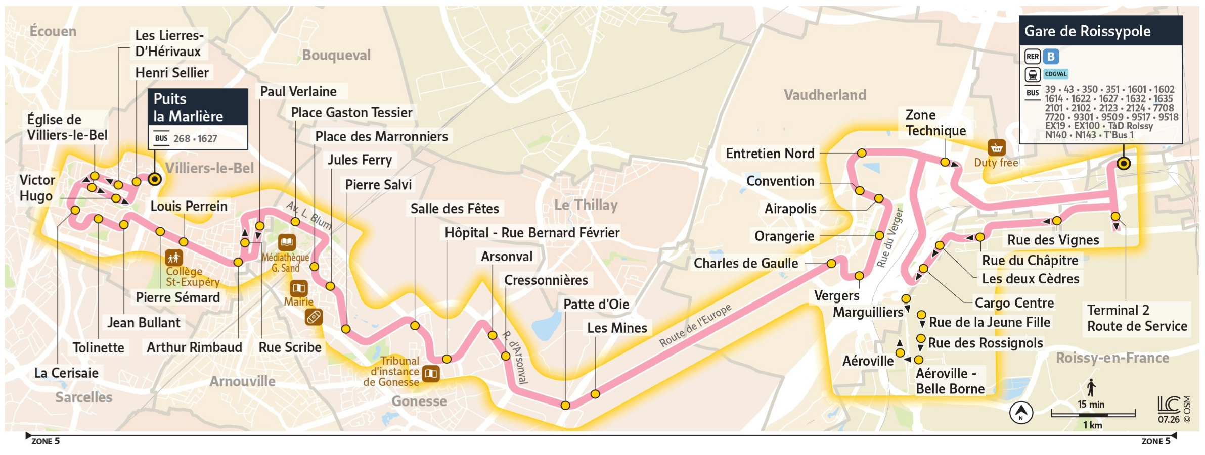 Plan du territoire de Villiers-le-Bel desservi par le Service TàD Roissy.